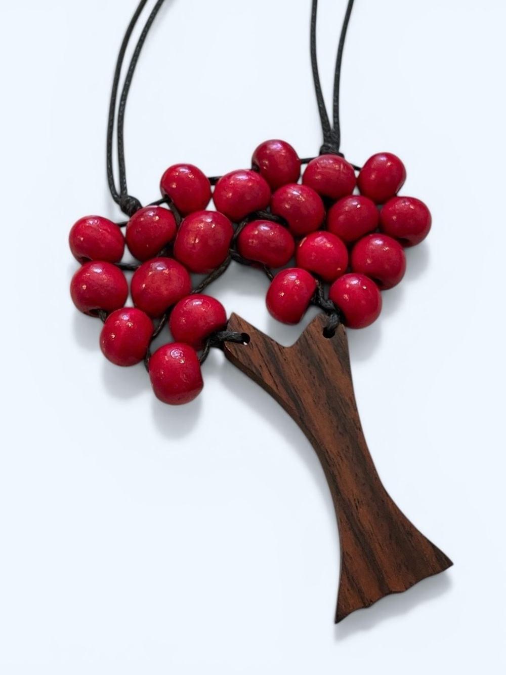 Handmade Boho Tree of Life Pendant Necklace Red Acai Beads Wood Adjustable
